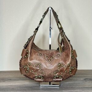Isabella Fiore Oasis Hobo Brown Distressed Leather Brass Studded Shoulder Bag
